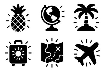 Tropical Exploration Icons. Solid style icons of tropical exploration in : pineapple, globe, prism palm tree, glowing suitcase,