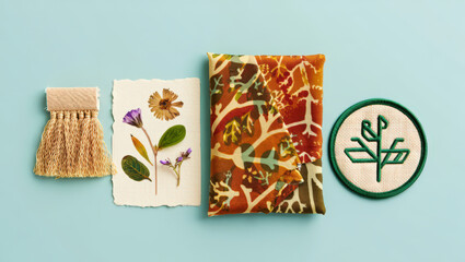 Artistic Still Life Composition Featuring Dried Flowers, a Woven Tassel, a Patterned Cloth, and an Embroidered Patch on a Soft Blue Background, Showcasing Natural Textures and Earthy Tones