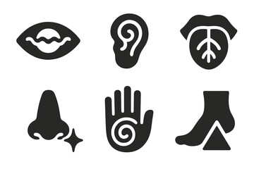 Sensory Fusion Icons. Solid style icons of sensory fusion: eye wave, ear spiral, tongue leaf, nose spark, hand ripple, foot prism