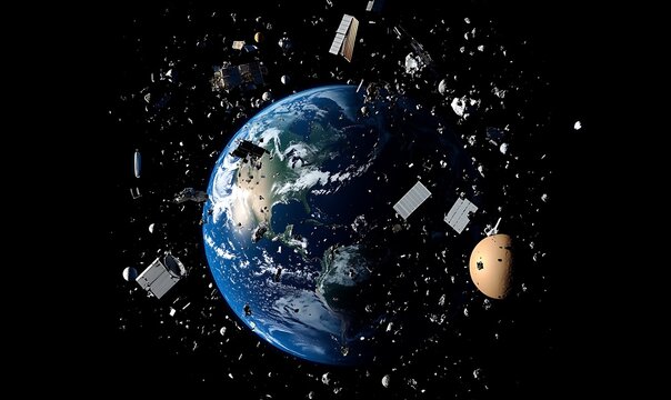 Earth surrounded by space junk depicting orbital debris and pollution crisis