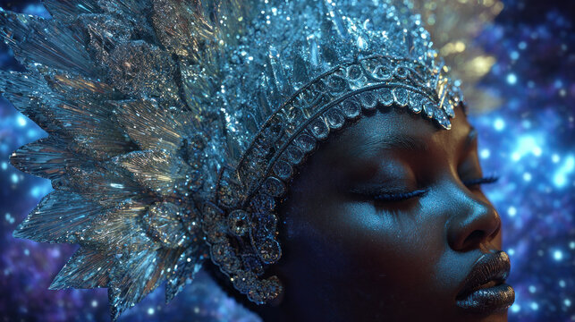 Stunning portrait showcases person adorned with magnificent crystal headdress, embodying ancestral beauty and vision of vibrant futures. intricate details and shimmering elements create