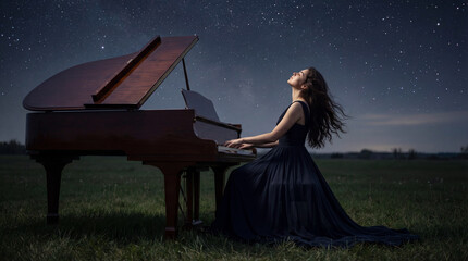 夜の草原でピアノを演奏する女性