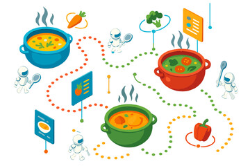 Soup Routes Adventure. Isometric vector illustration set Soup recipes as travel routes: steaming soup cauldrons marking paths,
