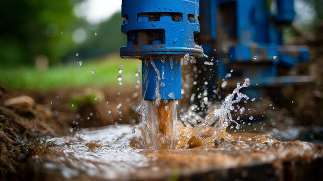 Powerful water well drilling machine ejecting muddy water, groundwater exploration, borehole drilling operation, industrial equipment, extraction process, with copy space
