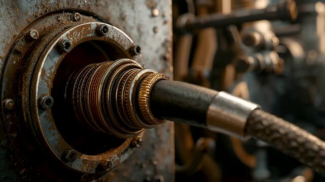 Closeup of a Rusted Industrial Shaft Connected to a Circular Metal Flange and Flexible Hose