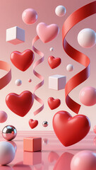 Floating 3D hearts in red and blush with ribbons and golden confetti over a soft cream-pink gradient. Minimal, modern, and perfect for Valentine&rsquo;s Day campaigns.