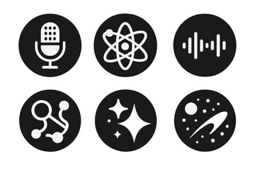 Cosmic Communication Icons. Solid style round vector icons of cosmic discussion: radio microphone, orbit rings, sound frequency,