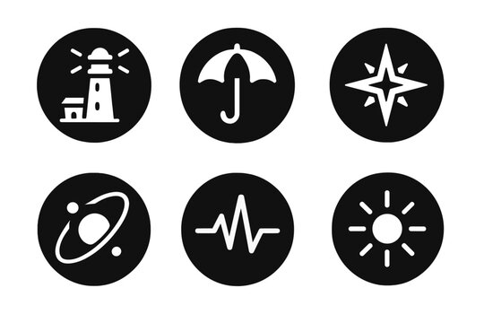 Stellar Icon Set. Solid style round vector icons of stellar guidance: lighthouse, umbrella, compass star, orbit, pulse, glow No