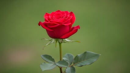A single vibrant red rose against a blurred green background showcasing its delicate petals and lush foliage in sharp focus