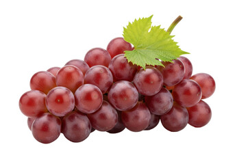 Fototapeta premium Fresh bunch of plump red globe grapes, reddish-purple hue, natural bloom, green leaf, isolated on a transparent background with soft shadow. Purity of natural fruit