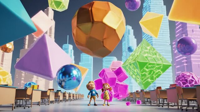 Joyful 3D Cartoon Kids Jumping in Dynamic Educational World with Geometric Shapes perfect for educational apps, children's books, website headers, marketing