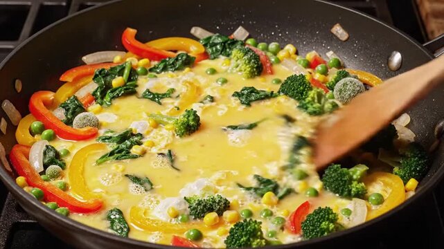 Cooking process of a colorful vegetable omelet in a pan with steaming yellow liquid