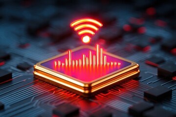 Digital Signal: A vibrant, close-up captures a futuristic circuit board, showcasing the intricate web of a digital world, an illuminated signal transmitting with the vibrant pulses. 