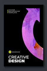 Watercolor booklet brochure modern cover template with pink arrow elements and black background