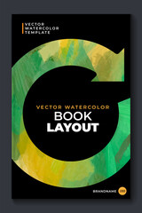 Watercolor booklet brochure modern cover template with green arrow elements and black background