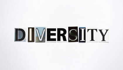 The word Diversity spelled out with mixed-up letters cut from different newspapers and magazines on a white background. This concept represents multiculturalism, inclusion and equality.