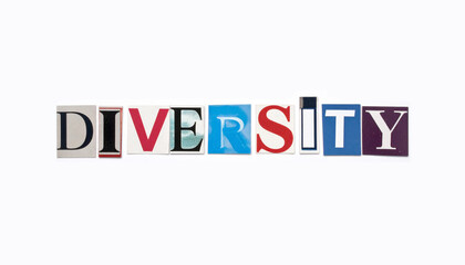 Fototapeta premium The word Diversity made from cutout letters of different colors and fonts from magazines, isolated on a white background. Concept of inclusion, equality, multiculturalism and teamwork together.