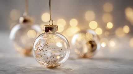 Transparent glass holiday baubles with gold speckles hanging and scattered with warm glowing bokeh lights creating a festive atmosphere on white surface
