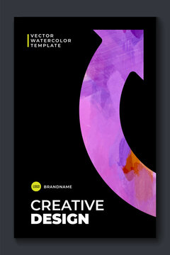Watercolor booklet brochure modern cover template with pink arrow elements and black background