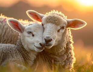 Fototapeta premium Two lambs cuddling at sunset