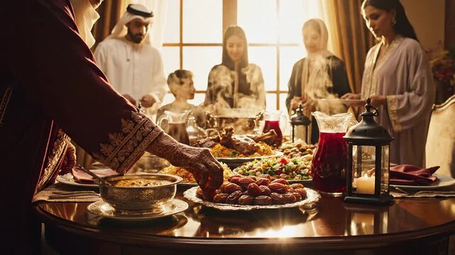 Lavish Arabic Iftar Feast with Dates and Traditional Dishes perfect for Website banner, blog post, cultural article, food magazine, cookbook, social media