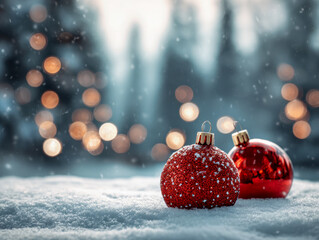 Festive red holiday ornaments resting on fresh snow with glowing warm lights and softly falling snowflakes creating a magical winter atmosphere outdoors