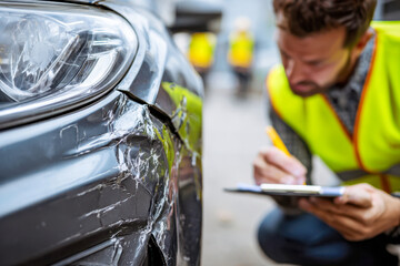 Detailed assessment of a damaged car front side by a professional wearing a reflective vest while recording notes on a clipboard during an accident inspection proces