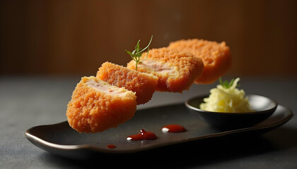 A luxury cinematic macro shot of perfectly sliced tonkatsu presented mid-air above fragmented matte black ceramic plate elements, arranged with refined precision.