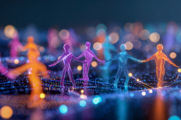 Digital visualization of colorful human figures connected in a chain symbolizing unity, collaboration, and interconnected networks in a futuristic technological envi