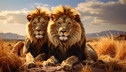 Two lions resting in golden savanna