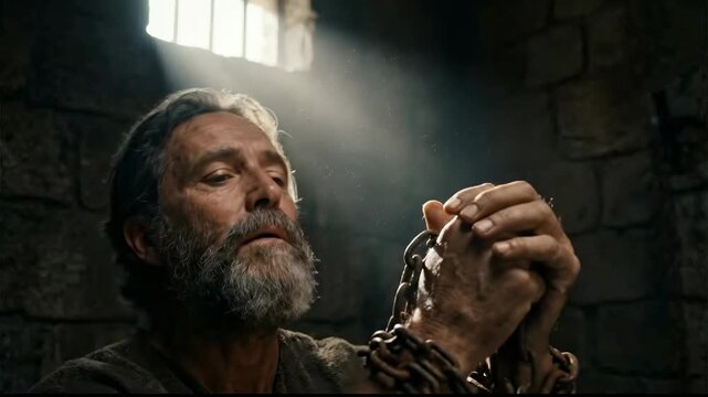 AI genereted video of Apostle praying in prison cell looking up at divine light with chains on hands.