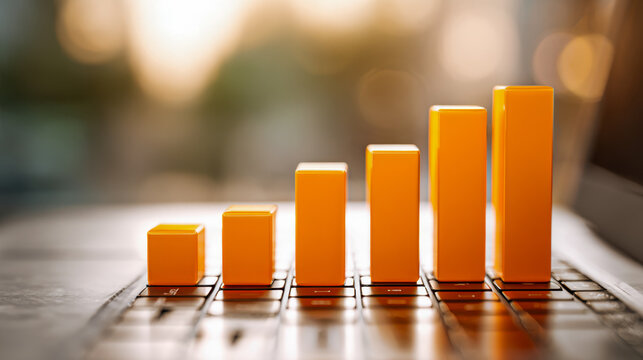 Orange ascending bar chart figurines representing business growth and data analysis standing on a laptop keyboard in soft natural light background - Powered by Adobe