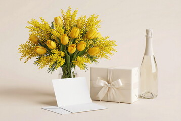 Greeting card mockup, gift box, yellow  spring flowers tulip and mimosa, champagne bottle on beige background with copy space. Holiday concept, Valentine's day, birthday, Women's day , 8 march,present