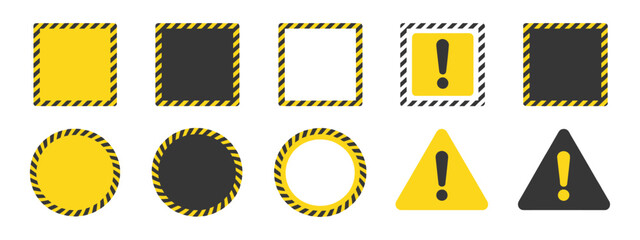 Yellow black caution sign, warning round and square banners, attention symbols, safety alert vector illustration, isolated on white background.