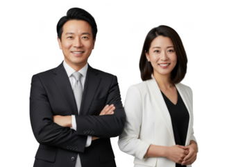 Smiling asian business professionals in formal attire isolated on transparent background
