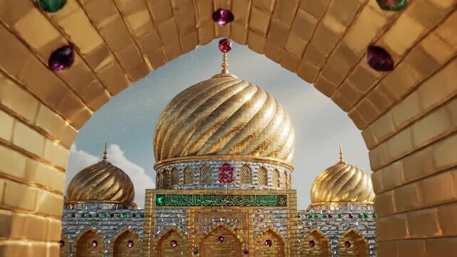 Opulent Golden Islamic Shrine with Jeweled Facade perfect for website banner, editorial content, travel brochures, cultural promotion, religious publications,