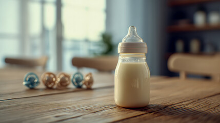 Baby feeding bottle filled with milk on a wooden table with blurred pacifiers in the background in a cozy home setting