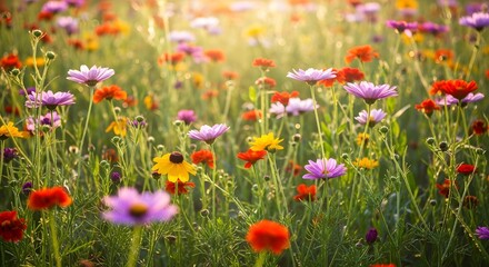 Fototapeta premium Vibrant colorful wildflowers blooming in sunny meadow landscape