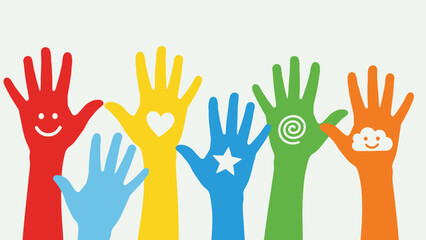 Colorful Hands Raised with Smiley Faces.