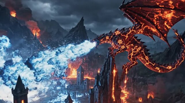 Epic Fire and Ice Dragon Breathing Frost in Dark Fantasy Landscape perfect for Fantasy game assets, book covers, album art, movie posters, website banners,