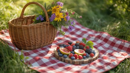 Summer Picnic with Berries and Wildflowers