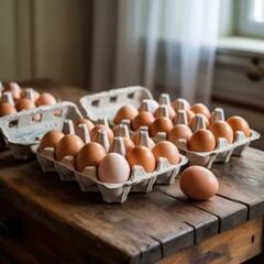 Rustic Still Life of Brown Eggs in Cardboard Cartons