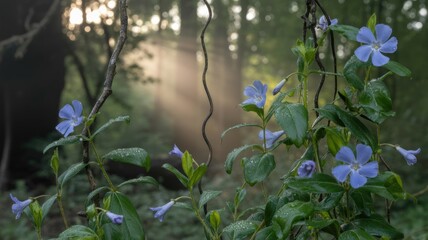 Tranquil Forest with Wild Periwinkle and Soft Sunlight