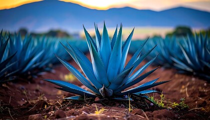 Vibrant agave plants in a field at sunrise