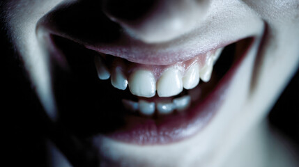 Mysterious smile revealing imperfect teeth in low light with dramatic shadows and close-up of lips and gums creating an eerie atmosphere and emotion