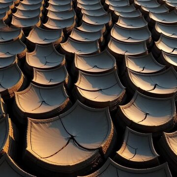 Abstract pattern of repeating roof tiles.