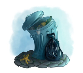 Cartoon illustration of a trash can with garbage bags and banana peel, environmental pollution concept.