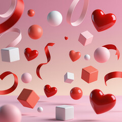 3D geometric Valentine&rsquo;s scene with floating hearts, cubes, spheres, and ribbons in red, coral, blush, and white over a soft pink-to-peach gradient.