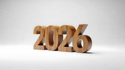 Large three dimensional wooden numerals displaying the year 2026 isolated against a clean bright white background representing future goals and planning concepts