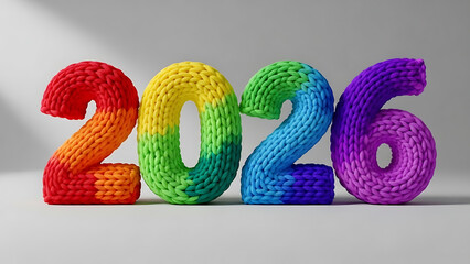 Vibrant chunky knit numbers displaying the year 2026 in a continuous rainbow gradient against a clean studio background celebrating a future milestone or season